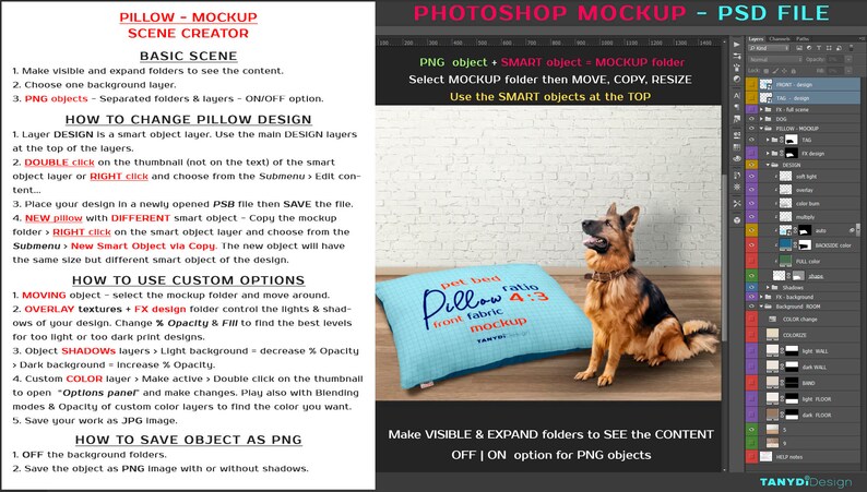 May include: A blue and white pillow mockup with the text "pet bed Pillow ratio 4:3 front fabric mockup" on it. The pillow is sitting on a wooden floor with a German Shepherd dog sitting next to it. The image is a Photoshop mockup with layers and folders visible in the layers panel.