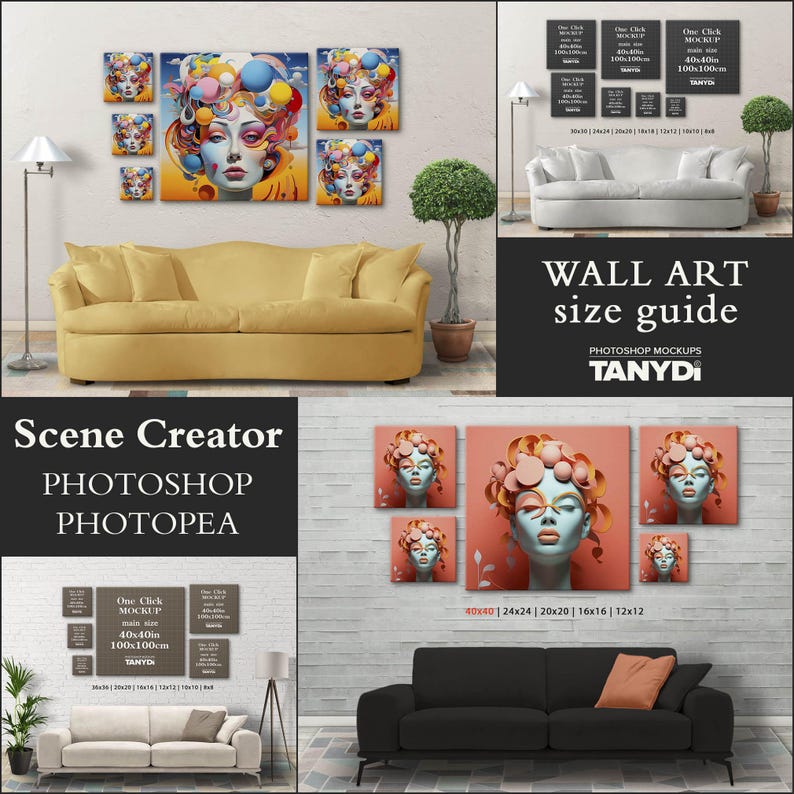 10 Square Canvas Wall Art Size Guide, 40x40 36x36 30x30 24x24 20x20 18x1816x16 12x12 10x10, Photoshop Photopea Mockup, Living Room Interior