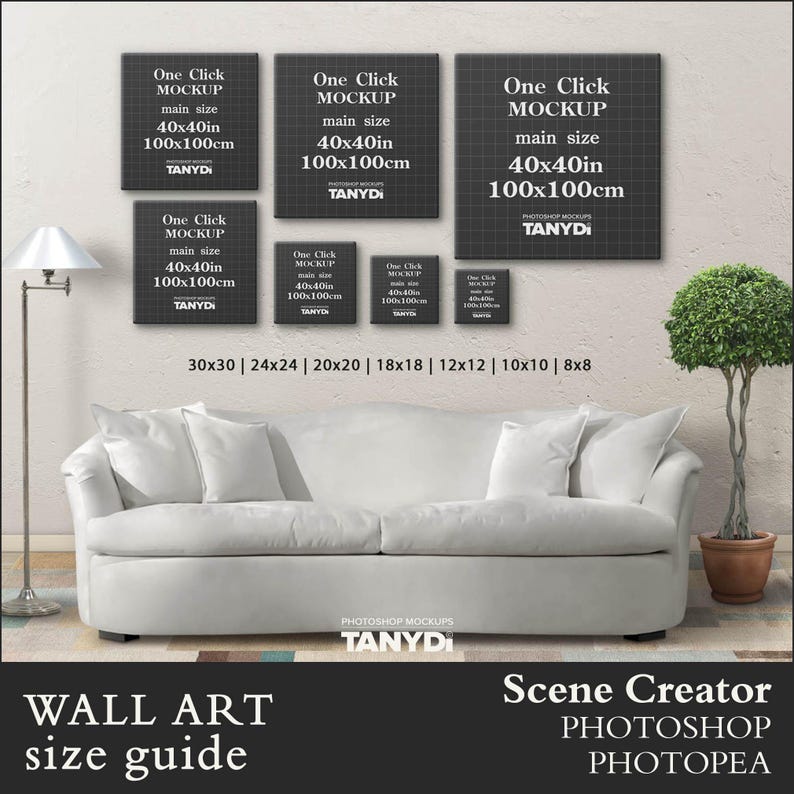 10 Square Canvas Wall Art Size Guide, 40x40 36x36 30x30 24x24 20x20 18x1816x16 12x12 10x10, Photoshop Photopea Mockup, Living Room Interior