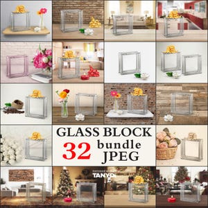 Blank Decorative Glass Block for Custom Sticker Display, Bundle of 32 JPEG Styled Scenes, Transparent Glass Block in Various Interiors