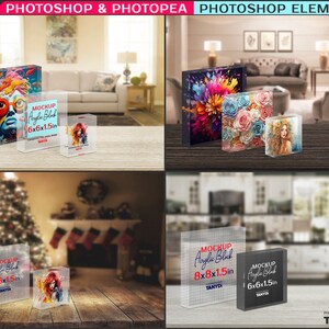 Set of 3 Acrylic Photo Blocks, Square Block 4x4, 6x6, 8x8 in, Photoshop Photopea Elements Photo Mockup, PNG Transparent Blocks 1.5in 40mm