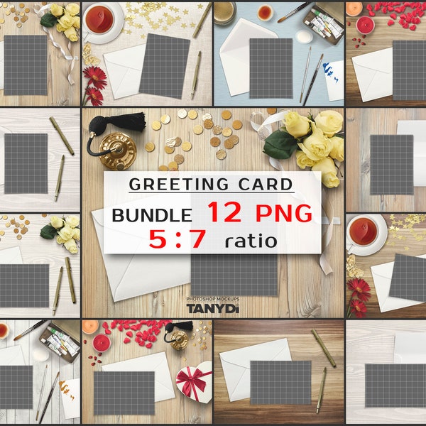 Greeting Card 5x7in & Envelope on Various Tabletops, Bundle of 12 PNG Styled Scenes - 1, Blank Cards PNG Mockup, Empty Opening 5x7 and 7x5