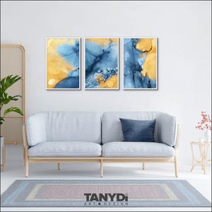3 peintures aquarelles abstraites imprimables, ensemble d&#39;oeuvres d&#39;art pour salon moderne, art mural galerie aquarelle bleu jaune, art déco mural appartement