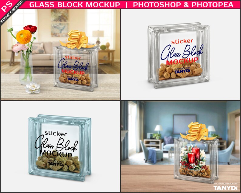 Decorative Clear Glass Block with Wine Corks, Photoshop Photopea Sticker Mockup, Left & Right Transparent Glass Block GB-1, Scene Creator image 3