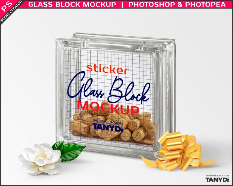 Decorative Clear Glass Block with Wine Corks, Photoshop Photopea Sticker Mockup, Left & Right Transparent Glass Block GB-1, Scene Creator image 4