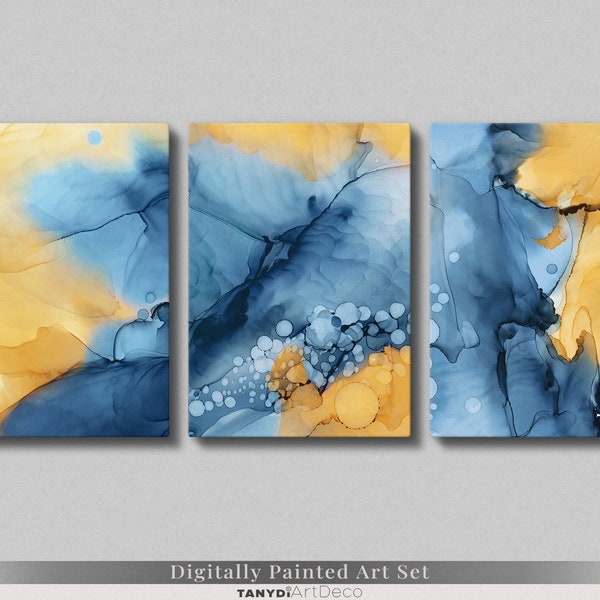 Yellow & Blue Tones, Set of 3 Abstract Watercolor Painting Prints, Modern Wall Art, Printable Aquarelle Painting, Stylish Home Wall Decor