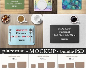 Rectangle Placemat on Table, Rounded Corners Mat, Photoshop Photopea Mockup, 4x3 8x5 3x2 Aspect Ratio, Plate Cutlery Glass Coffee Cups
