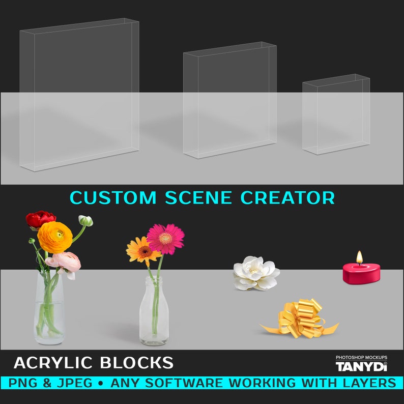 Square Acrylic Photo Blocks on Shelf, 4x4, 6x6x1.5, 8x8x1.5, Photoshop Photopea Photo Mockup, PNG Transparent Blocks on Table, Flowers Bow