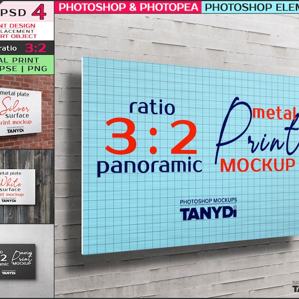 Impression panoramique en métal sur mur, rapport 3 x 2, maquette d'impression Photoshop Photopea Elements, vue en perspective 3D, plaques PNG de surface argentée blanche