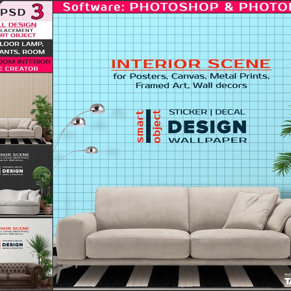 Living room Interior LR-1, Wall art display, Photoshop Photopea Wallpaper Sticker Decal Mockup, Modern Sofa Plants Lamp Rug, Scene creator
