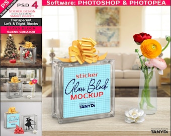 Decorative Glass Block on Kitchen and Xmas Table, Photoshop Photopea Sticker Mockup, Left and Right Transparent Glass Block, Scene Creator