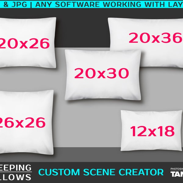 Blank Flatten Sleeping Pillows Custom Scene Creator, PNG cotton pillows 12x18 20x26 20x30 20x36 26x26, Pillow on Wooden Top, Size Chart