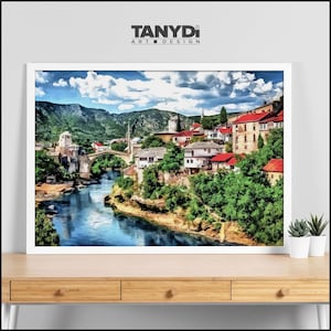 Stari Most Bosnia, Mostar Bridge, Old City of Mostar Scenery, Landscape Travel Art, Art Poster & Painting, UNESCO Site, European Art Decor