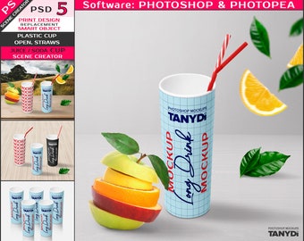 Long Drink Cup PC-5, White Open Plastic Cup with Straw, Photoshop Photopea Mockup, Set of Cups on Wooden Table, Fruit Slices, Scene Creator