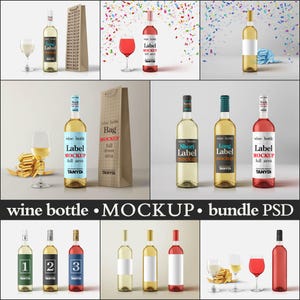 Peut inclure: Un ensemble de 10 maquettes de bouteilles de vin au format PSD. Les maquettes présentent différentes formes de bouteilles, styles d'étiquettes et arrière-plans. Les maquettes sont parfaites pour mettre en valeur vos designs d'étiquettes de vin.