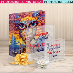 Set of 3 Acrylic Photo Blocks, Square Block 4x4, 6x6, 8x8 in, Photoshop Photopea Elements Photo Mockup, PNG Transparent Blocks 1.5in 40mm