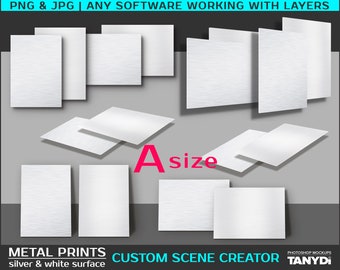 Blank Metal Plate Custom Scene Creator, A3 A2 A1 A4, White Silver Surface; A-size Front and Perspective View, PNG Vertical Horizontal Plates