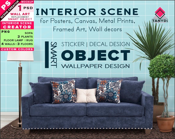 Download Living Room Interior Scene Creator Sc 4 Blue Sofa Plants Lamp Etsy PSD Mockup Templates