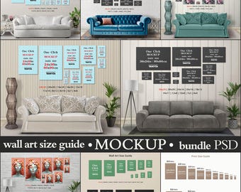 10 Posters Wall Art Size Guide, 24x36 20x30 16x24 16x20 12x18 11x14 8x12 8x10 5x7 4x6, Photoshop Photopea Print Mockup, Living Room Interior