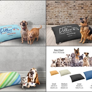 May include: A size chart for pet pillows with different sizes and dimensions in inches and centimeters. The chart shows a small pillow measuring 24x18 inches (60x45 cm), a medium pillow measuring 32x24 inches (80x60 cm), a large pillow measuring 40x30 inches (100x75 cm), and a large pillow measuring 48x36 inches (120x90 cm).
