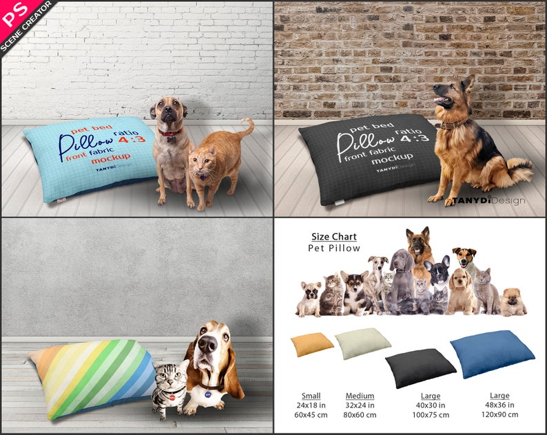 May include: A size chart for pet pillows with different sizes and dimensions in inches and centimeters. The chart shows a small pillow measuring 24x18 inches (60x45 cm), a medium pillow measuring 32x24 inches (80x60 cm), a large pillow measuring 40x30 inches (100x75 cm), and a large pillow measuring 48x36 inches (120x90 cm).