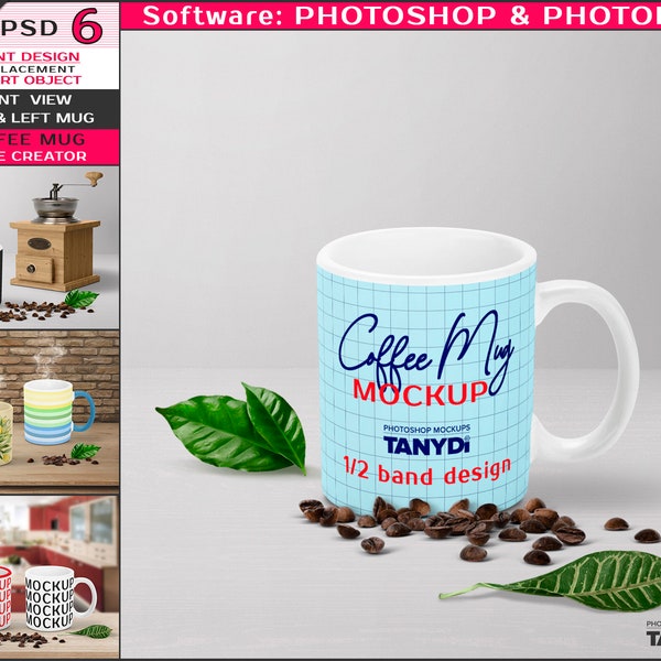 Tasse avec moulin à café et poutres M2-1, tasse droite et gauche sur comptoir en bois, maquette Photoshop Photopea, tasse à café blanche 11oz, créateur de scène