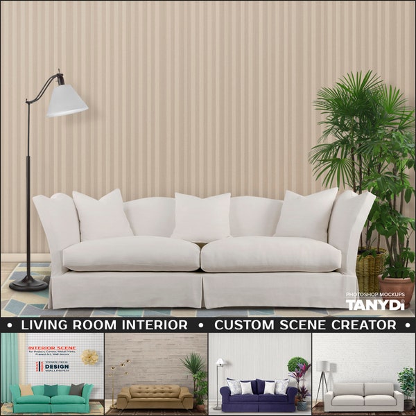 Living Room Interior Set-2, Custom Scene Creator, PNG Interior Objects, Sofa Plants Lamp Rug Curtains, Wallpaper Sticker Wall art Display