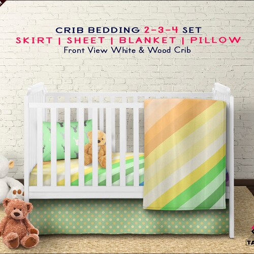 Crib Bedding Skirt Sheet Blanket Pillow Photoshop Fabric Mockup, PNG Front White & Wood Crib Toys Rug, Smart object mock-up, Scene creator