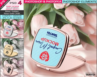 Square Compact Mirror S-2, Photoshop Photopea Elements Mockup, Rose Gold Case, Silver Mirror on Satin Tulips, Golden Cosmetic Pocket Mirror