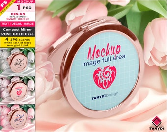 Compact Mirror Rose Gold Round Case, Photoshop Mockup, Cosmetic Pocket Mirror Gift, Mirror on Satin & Tulips, 4 JPG mock-up scenes RC-3