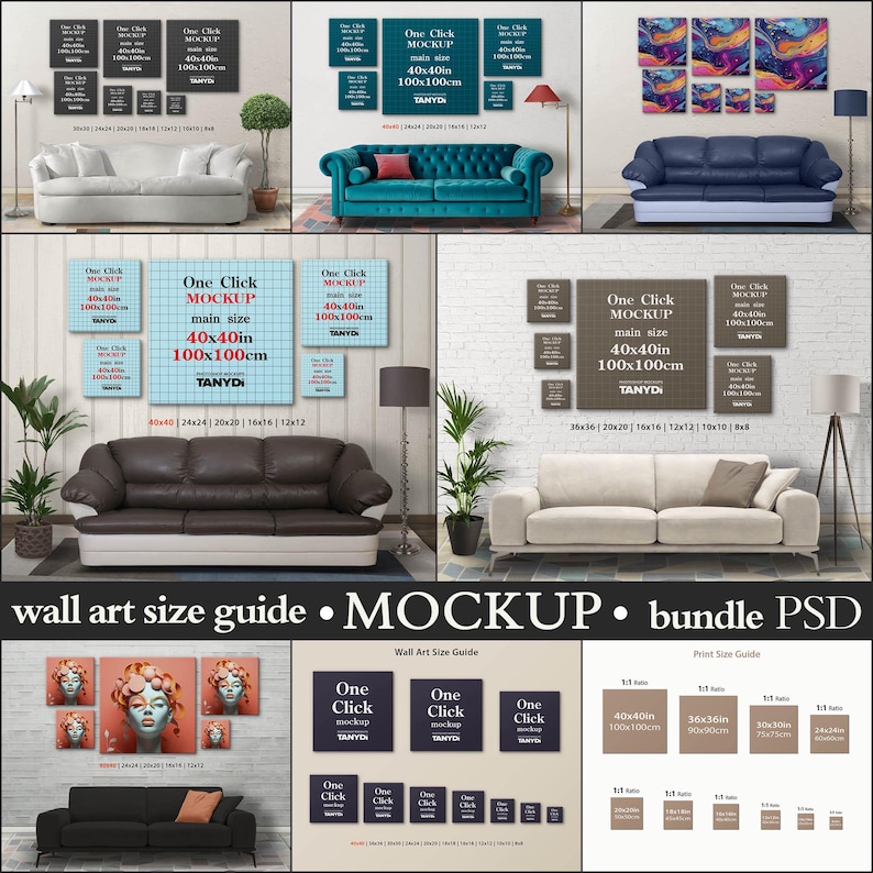 10 Square Canvas Wall Art Size Guide, 40x40 36x36 30x30 24x24 20x20 18x1816x16 12x12 10x10, Photoshop Photopea Mockup, Living Room Interior