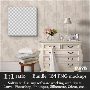 Bundle of 24 PNG Square Canvas Mockups, Empty Opening 1:1 Aspect Ratio, Add Design via Canva PNG, Canvas Print on Interior Wall & Floor