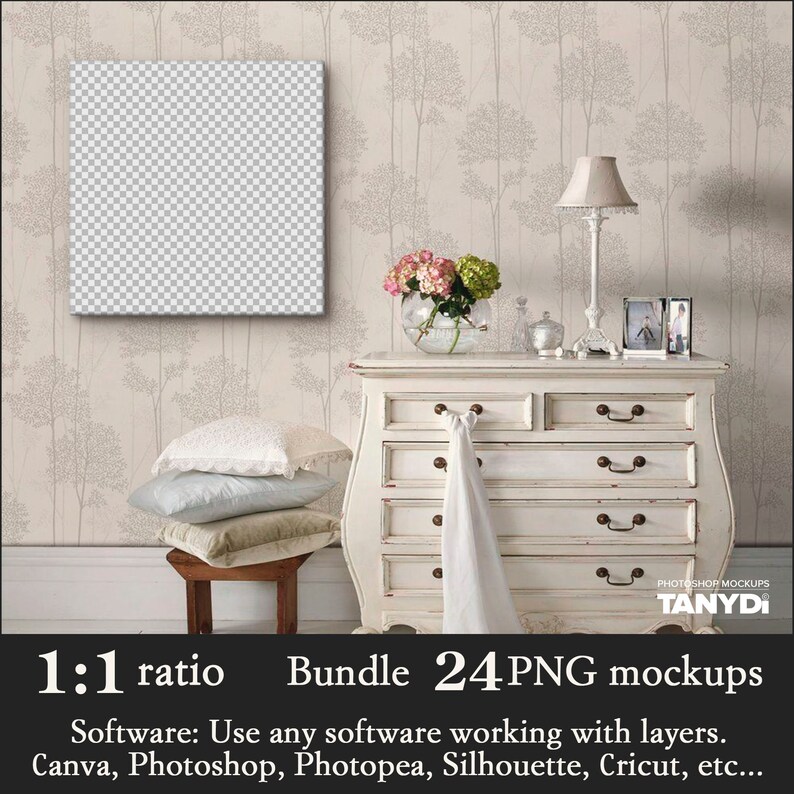 Bundle of 24 PNG Square Canvas Mockups, Empty Opening 1:1 Aspect Ratio, Add Design via Canva PNG, Canvas Print on Interior Wall & Floor