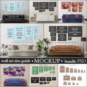 7 Poster Wall Art Size Guide, 30x40 20x30 20x24 16x20 12x16 11x14 8x10, Photoshop Photopea Mockup, Vertical Horizontal, Living Room Interior