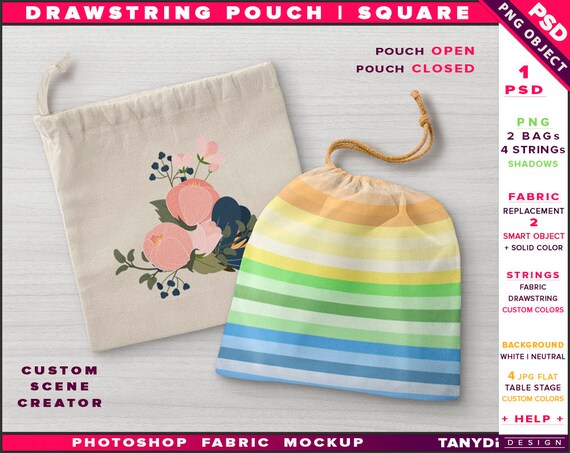 Download Drawstring Cotton Square Pouch Photoshop Fabric Mockup Smart Etsy PSD Mockup Templates