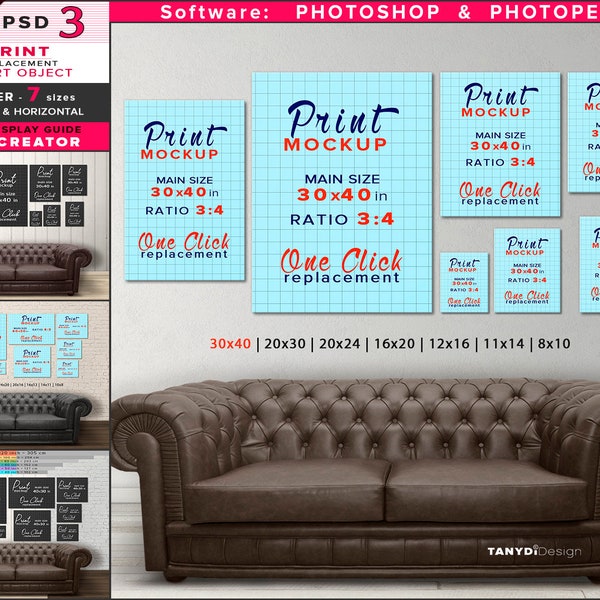 7 Poster Sizes Wall Display Guide, Sofa Interior 7P-R2, 30x40 20x30 20x24 16x20 12x16 11x14 8x10, Vertical & Horizontal, Photoshop Mockup