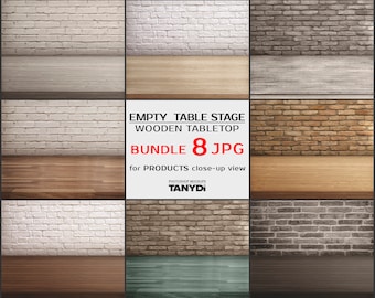 Empty Table Stage TS-2, Various Wooden Tabletops and Walls, Bundle of 8 JPG Scenes, Light and Dark Wood Counters, Product Display Scene