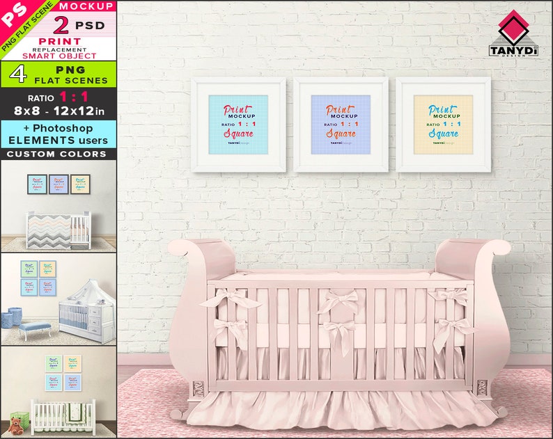Square Frame On Nursery Wall Photoshop Print Mockup 4 Png Interior Scenes Set Of 3 4 White Frames Smart Object Mock Up F 11 Rn 2