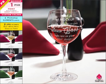 Wine Glass on Table, Photoshop Print Mockup, Red & White wine, Glass on white table with napkins, 2 JPG print mock-up scenes WG-S-1