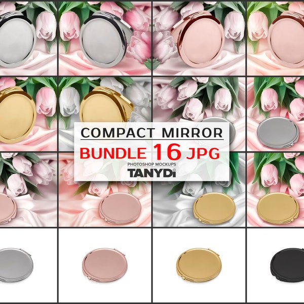 Blank Round Compact Mirror, Custom Print Display, Bundle of 16 JPG Scenes, Rose Gold Silver Golden Case on Satin & Tulips, PNG mirror cases