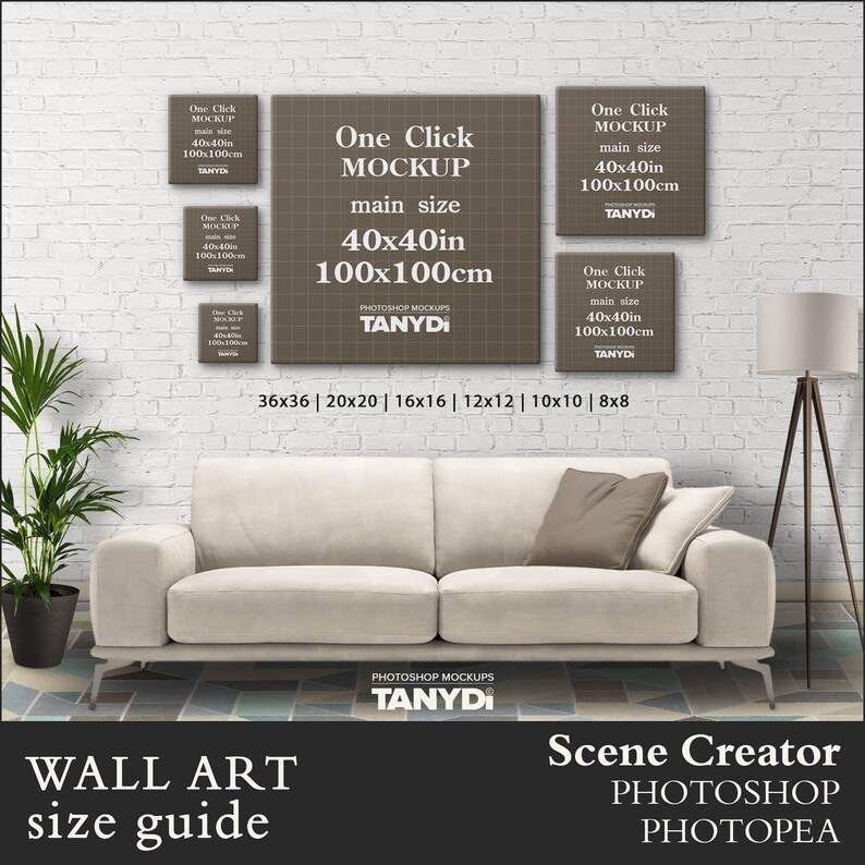 10 Square Canvas Wall Art Size Guide, 40x40 36x36 30x30 24x24 20x20 18x1816x16 12x12 10x10, Photoshop Photopea Mockup, Living Room Interior