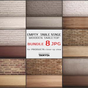 Empty Table Stage TS-1, Bundle of 8 JPG Scenes, Various Wooden Tabletops and Walls, Light and Dark Wood Counters, Product Display Scene