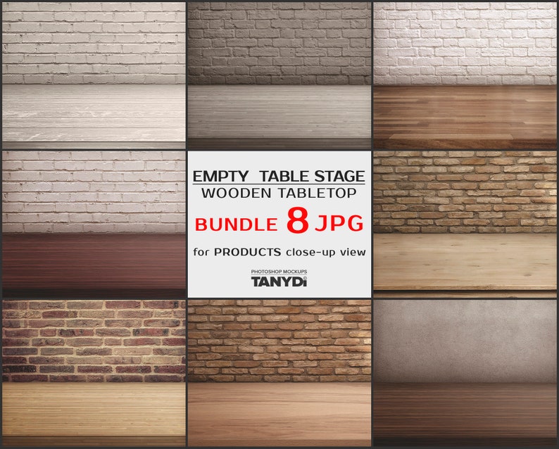 Empty Table Stage TS-1, Bundle of 8 JPG Scenes, Various Wooden Tabletops and Walls, Light and Dark Wood Counters, Product Display Scene