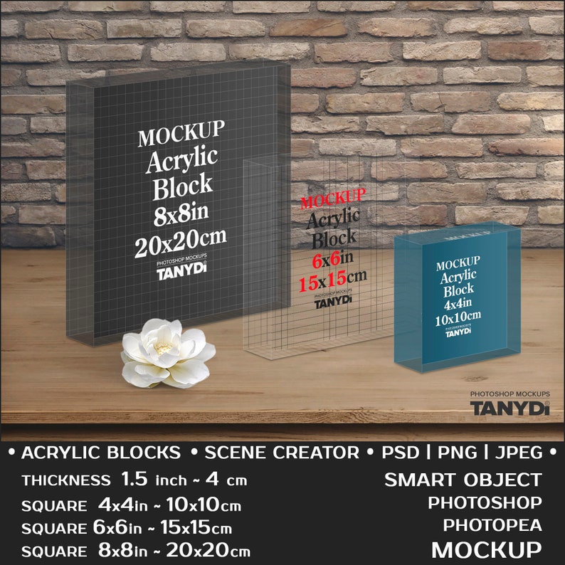 Square Acrylic Photo Blocks on Shelf, 4x4, 6x6x1.5, 8x8x1.5, Photoshop Photopea Photo Mockup, PNG Transparent Blocks on Table, Flowers Bow