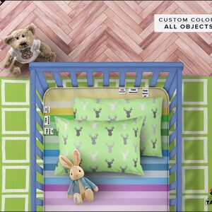 Crib Bedding Mattress Photoshop Fabric Mockup, PNG Top Half Crib Mattress Tags Pillows Toys, Smart object mock-up, Scene creator TC-M-0 image 4