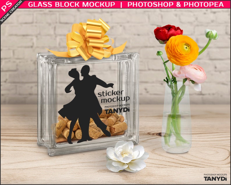 Decorative Clear Glass Block with Wine Corks, Photoshop Photopea Sticker Mockup, Left & Right Transparent Glass Block GB-1, Scene Creator image 5