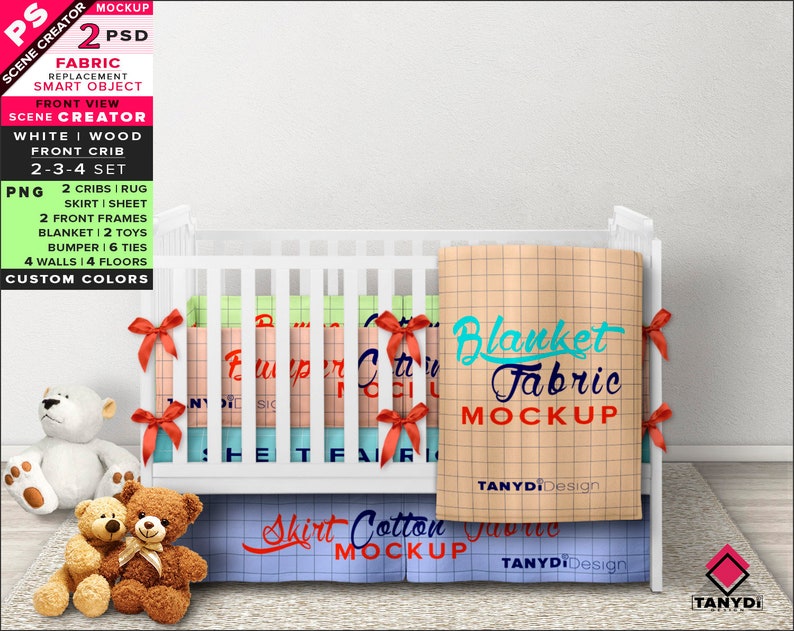 Scene Creator Smart Object Mock Up Png Front White Wood Crib Toys Rug Crib Bedding Skirt Sheet Bumper Blanket Photoshop Fabric Mockup