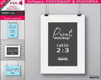 Matted Print & Poster on Wall, Photoshop Mockup Photopea, 8x12 12x18 16x24, Vertical Horizontal, Black Clips, Metal Holder, Scene creator