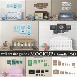 Nursery Crib Interior, 8 Posters Wall Art Size Guide, A1 A2 A3 A4 A5 A6, 21x21 42x42cm, Photoshop Photopea Print Mockup, Vertical Horizontal