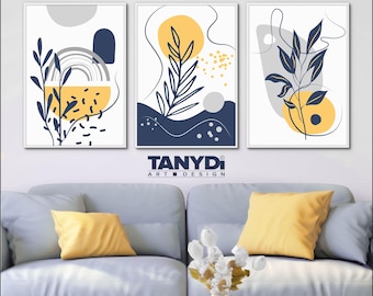 Modern Floral Line Art Set, Blue Yellow Grey Gallery Wall, 3 Minimal Botanical Prints, Bedroom Wall Decor, Apartment Decor, Interior Design